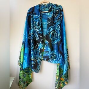 Handcrafted in Vietnam Blue and Green Floral Silk Scarf